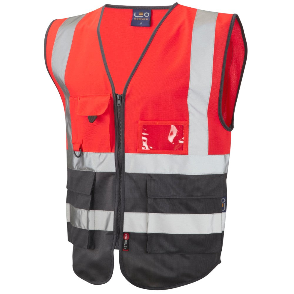 Leo Workwear EcoViz Superior Waistcoat Class 1 Hi Vis Red Grey