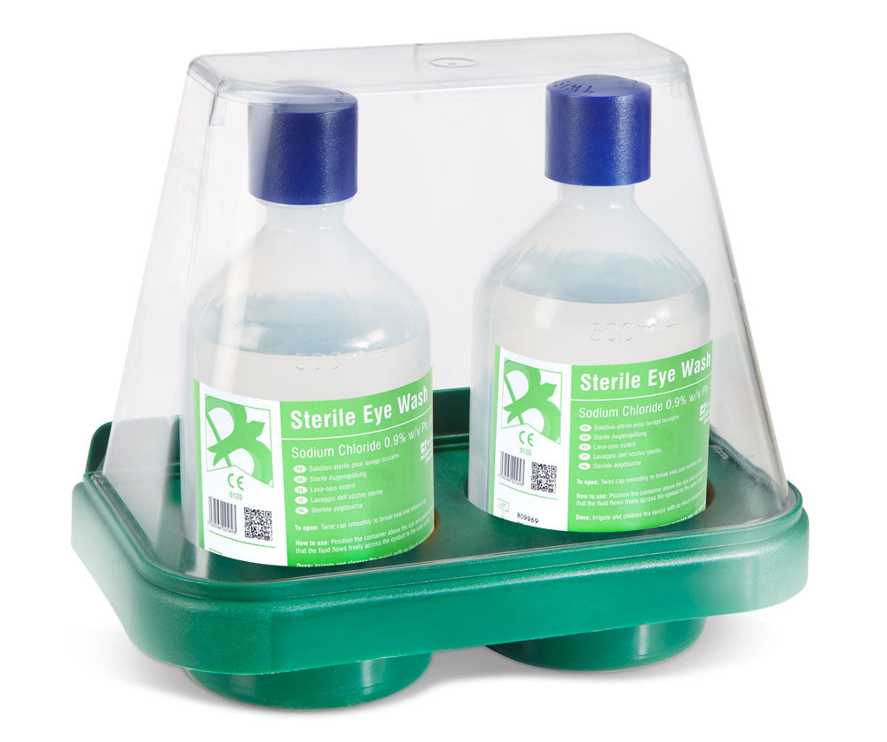 Click Medical Double Wall Mount Eyewash Stand 2x500ml Bottles Emergency First Aid