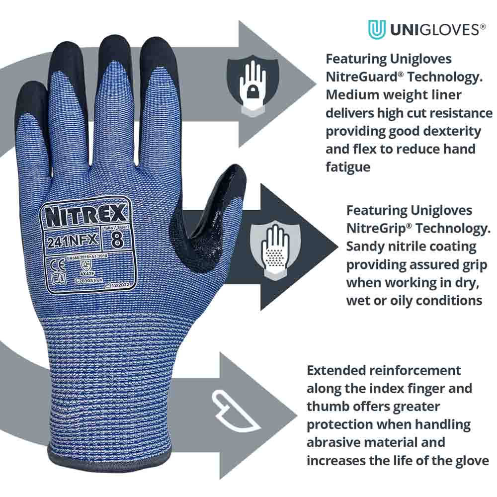 Unigloves Nitrex 241NFX Cut Resistant Gloves Level F Oil Grip