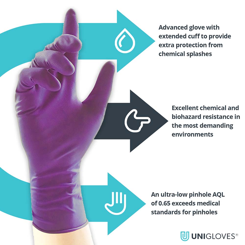Unigloves Disposable Nitrile Gloves Heavy Weight Long Cuff Purple Examination Gloves