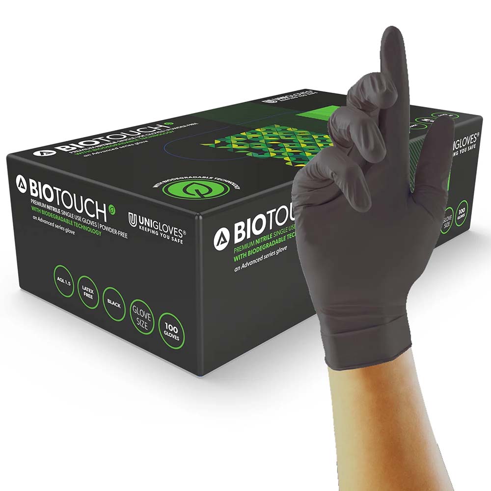 Unigloves Biotouch Black Nitrile Gloves Powder Free Disposable