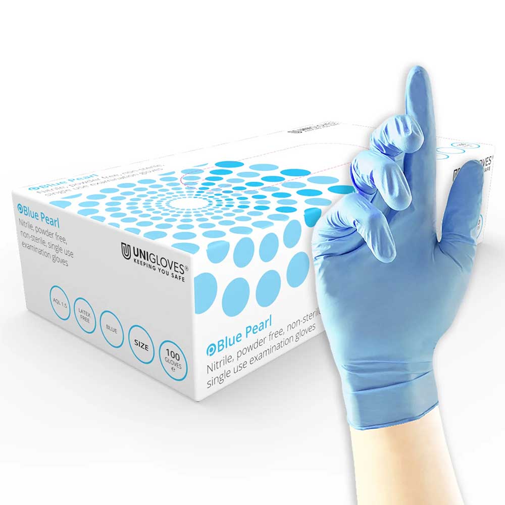 Unigloves Blue Pearl Medical Grade Nitrile Gloves Powder-Free Examination x 100
