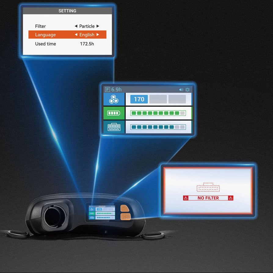 Digital display with various settings and indicators on a dark background