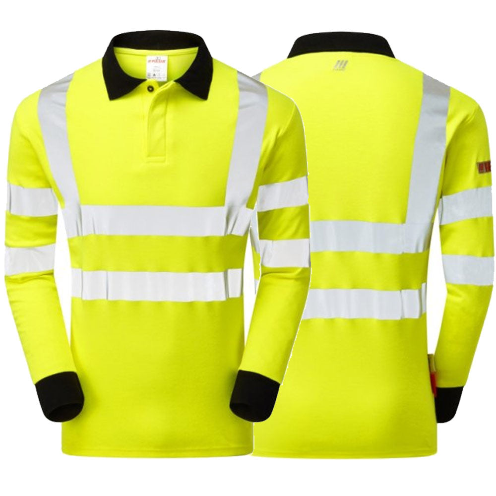 High-visibility yellow long-sleeve shirt with reflective stripes on a white background