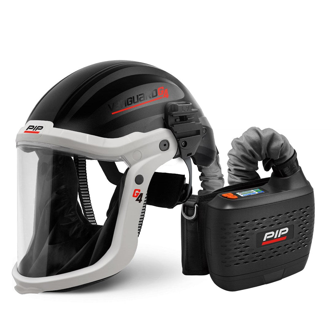 helmet with face shield and attached air supply device