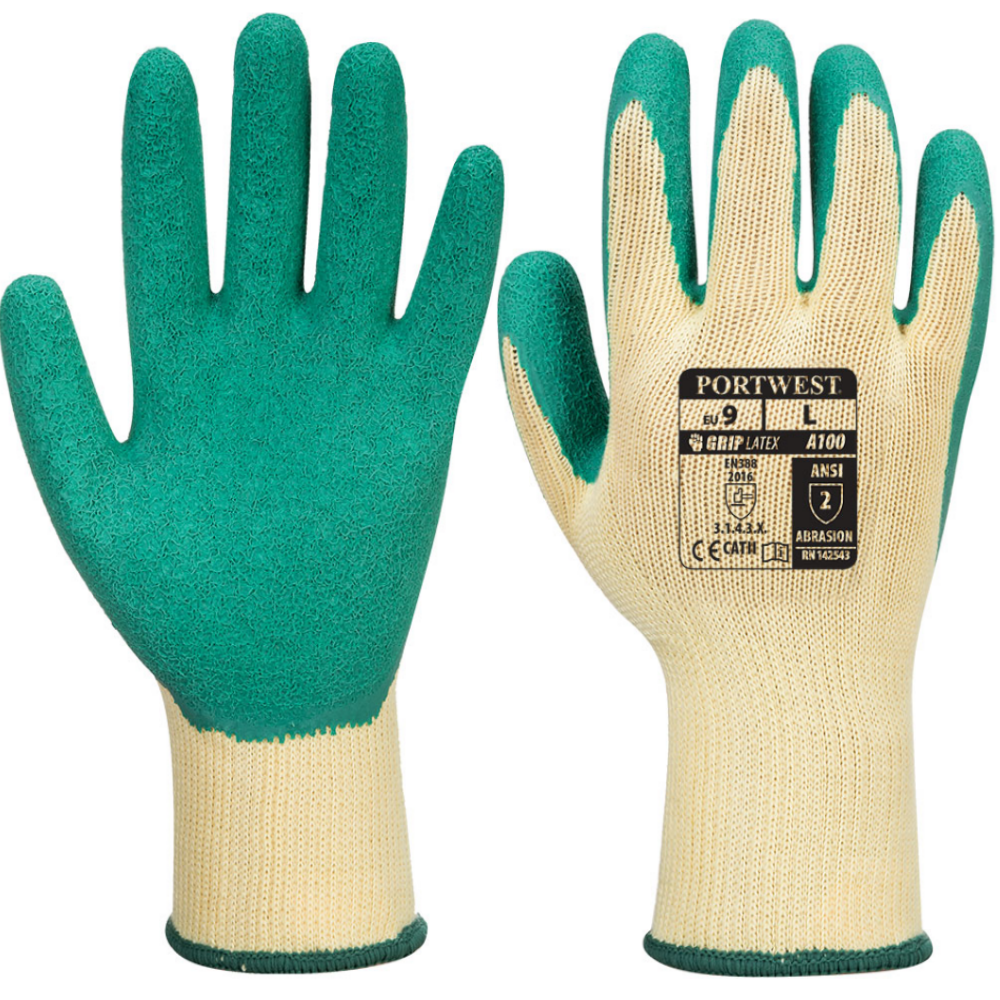 Portwest A100 Grip Latex Gloves Rough Palm Coated Work Gloves