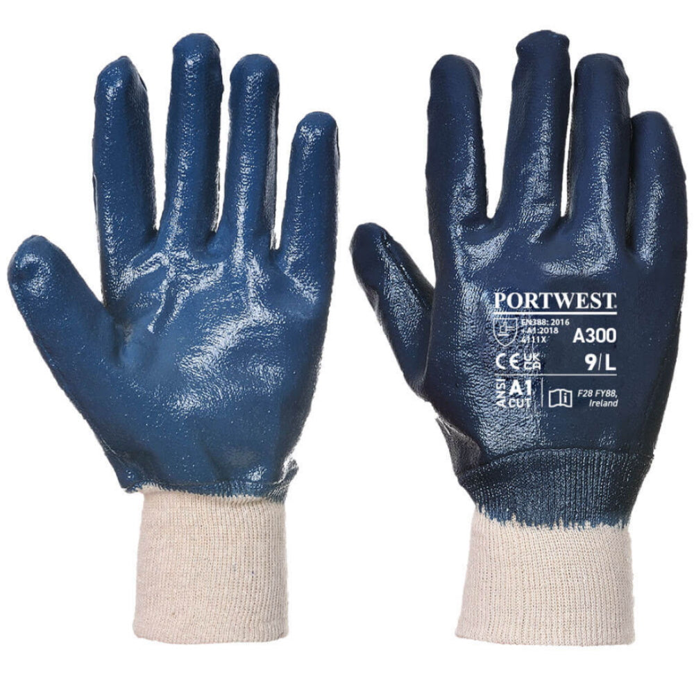 Portwest A300 Nitrile Knitwrist Gloves Oil Grease Resistant Work Gloves