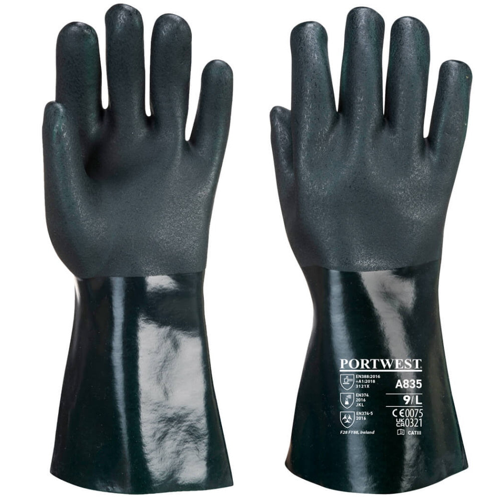 Portwest A835 Double Dipped PVC Gauntlet 35cm Chemical Resistant Gloves