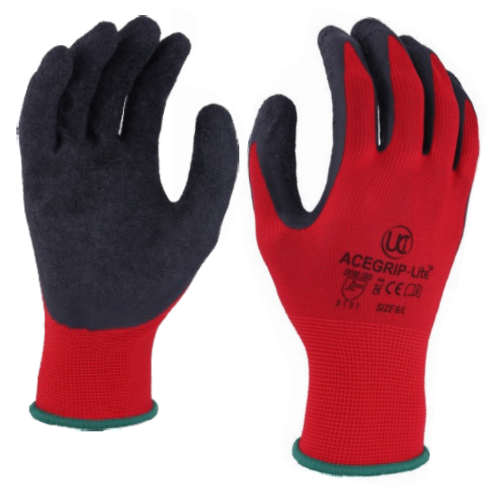 UCi AceGrip-Lite Work Gloves Black Crinkle Latex Red Polyester Liner