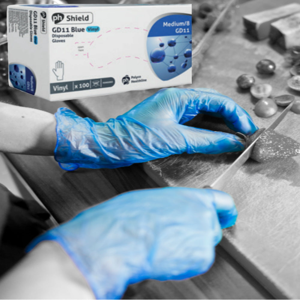 Polyco Shield Blue Vinyl Powdered Disposable Gloves Food Safe