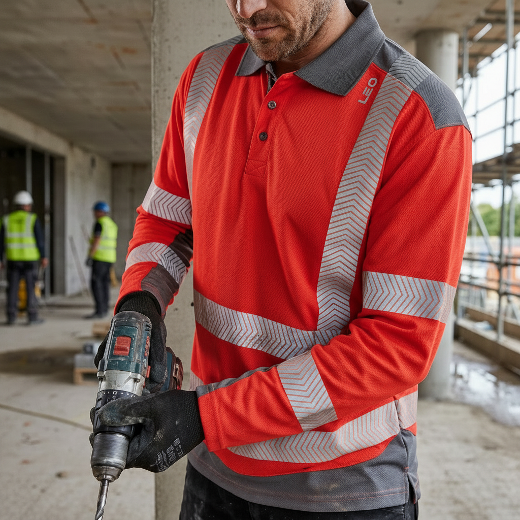 Leo Red Grey Long Sleeve Hi Vis Polo Shirt ISO 20471 Class 2