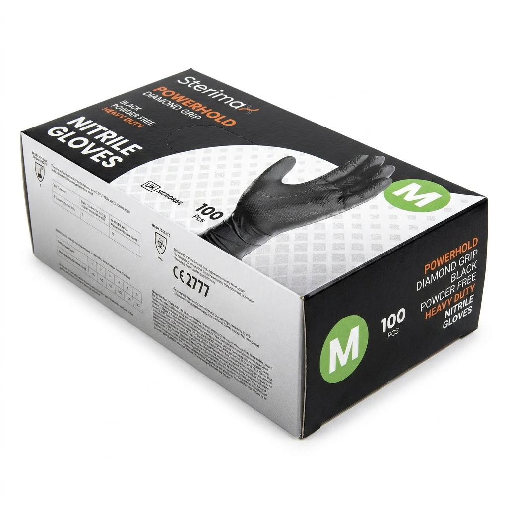 Powerhold Diamond Grip Nitrile Gloves Black Powder-Free