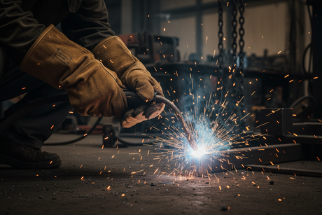 worker welding wearing heavy duty welding gloves