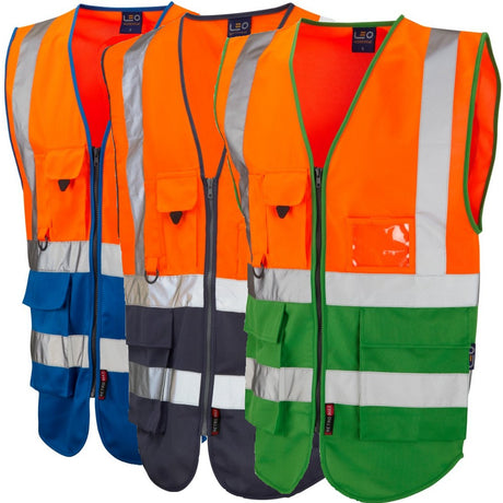 Leo Workwear W11 Lynton Hi Vis Vest Orange Navy EcoViz Class 1