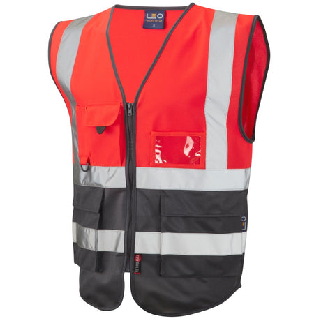 Leo Workwear EcoViz Superior Waistcoat Class 1 Hi Vis Red Grey