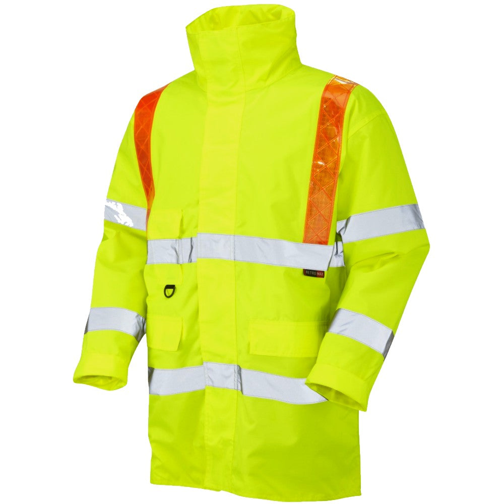 Leo Workwear Hi Vis Anorak ISO 20471 Class 3 Orange Braces Traffic Coat