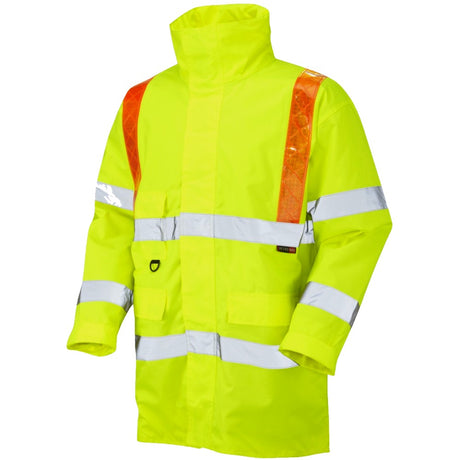 Leo Workwear Hi Vis Anorak ISO 20471 Class 3 Orange Braces Traffic Coat