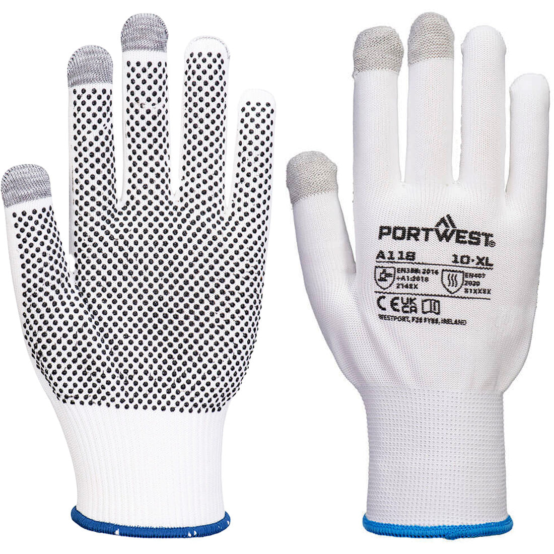 Portwest A118 Grip 13 Touchscreen Work Gloves PVC Dotted Palm
