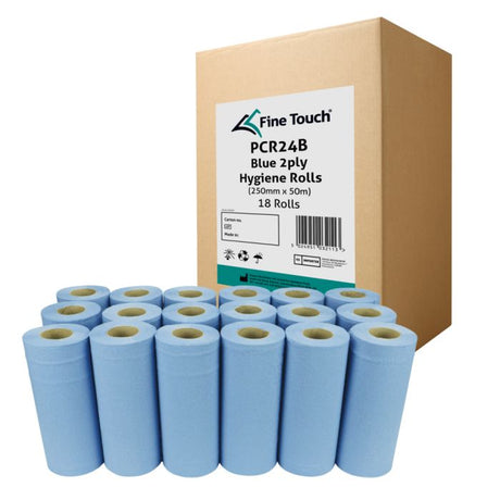 Fine Touch Blue Wiper Roll 2-Ply 250mm x 50m Hygiene Paper X 18
