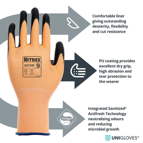Nitrex 241OR Cut Resistant Gloves Level B Orange PU Palm
