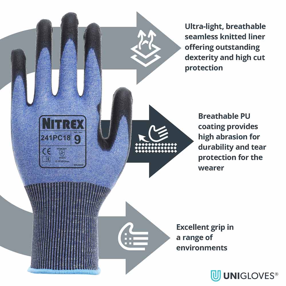 Nitrex 241PC18 Cut Resistant Gloves 18 Gauge PU Coated Work Gloves