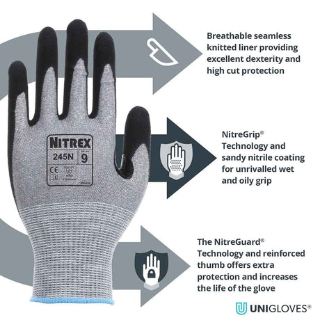 Nitrex 245N Cut Resistant Gloves Level D Nitrile Grip Work Gloves