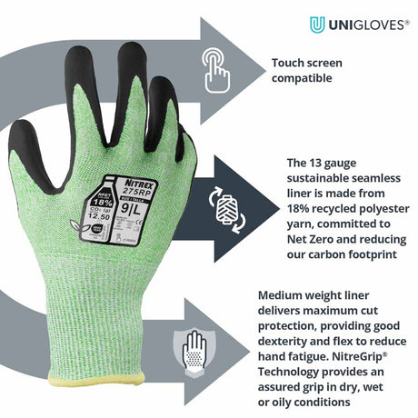 Unigloves Nitrex 275RP Cut Resistant Gloves Level F Sustainable Sandy Nitrile