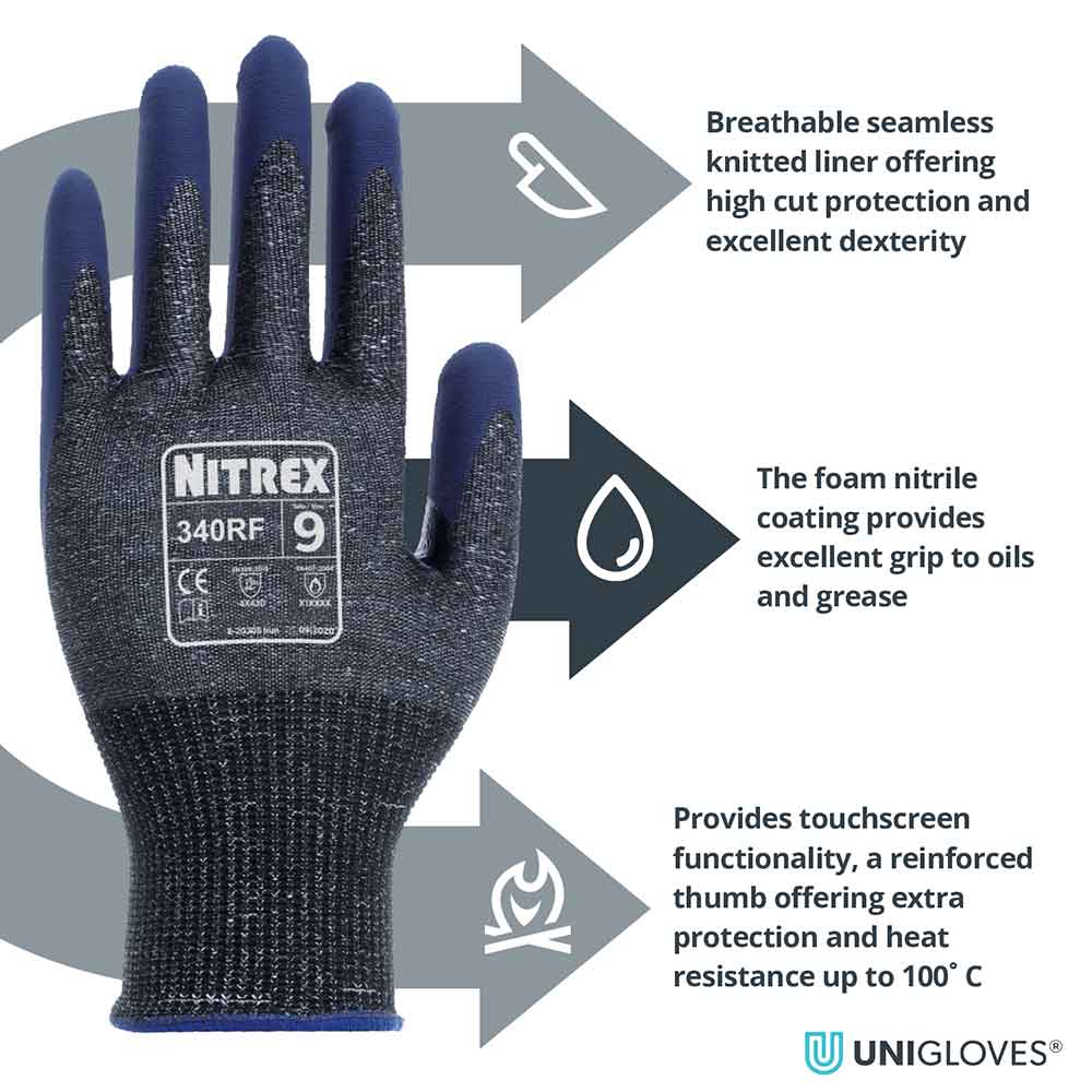 Nitrex 340RF Cut Resistant Gloves Level D Heat Resistant Foam Nitrile