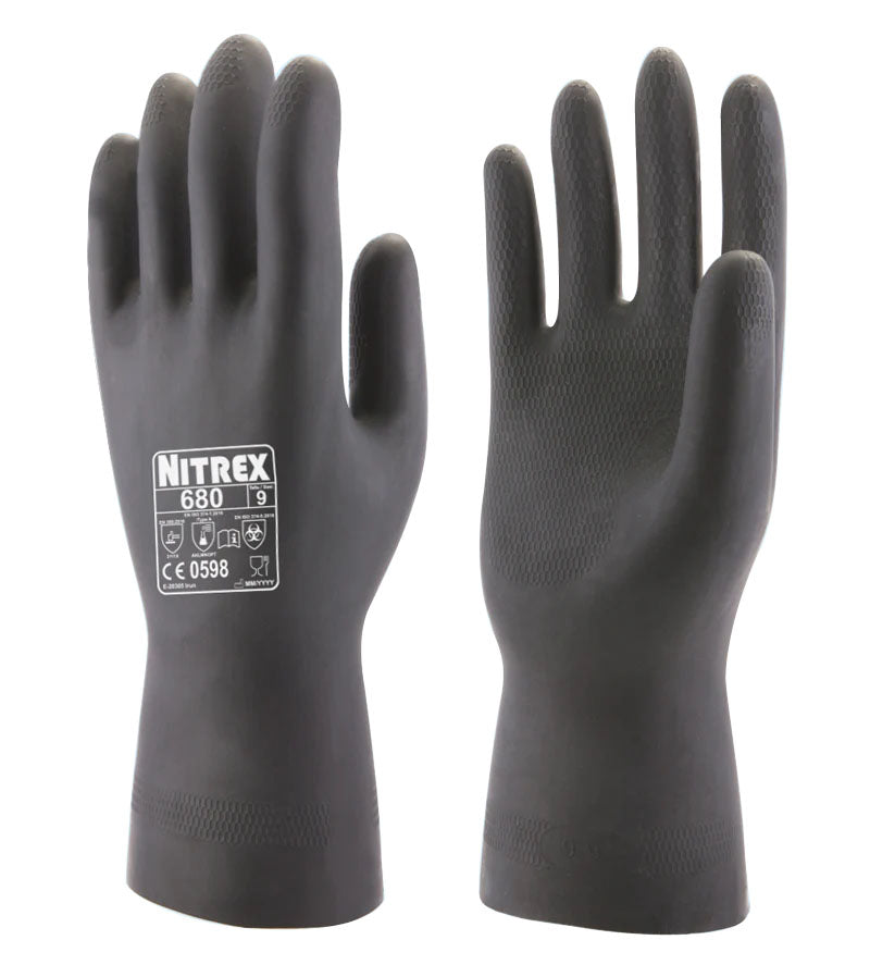 Nitrex 680 Black Latex Chemical Resistant Gloves Heavy Duty Flock Lined
