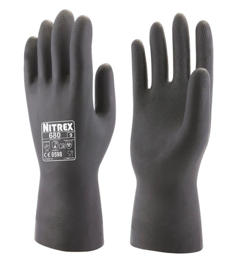Nitrex 680 Black Latex Chemical Resistant Gloves Heavy Duty Flock Lined