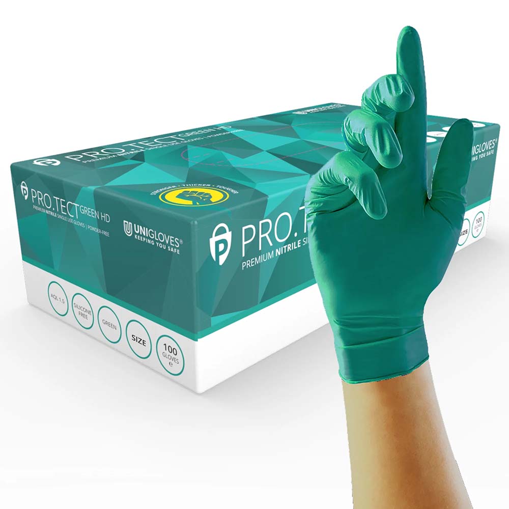 Unigloves Pro Tect Gloves Nitrile Medical Grade Green Hand Protection