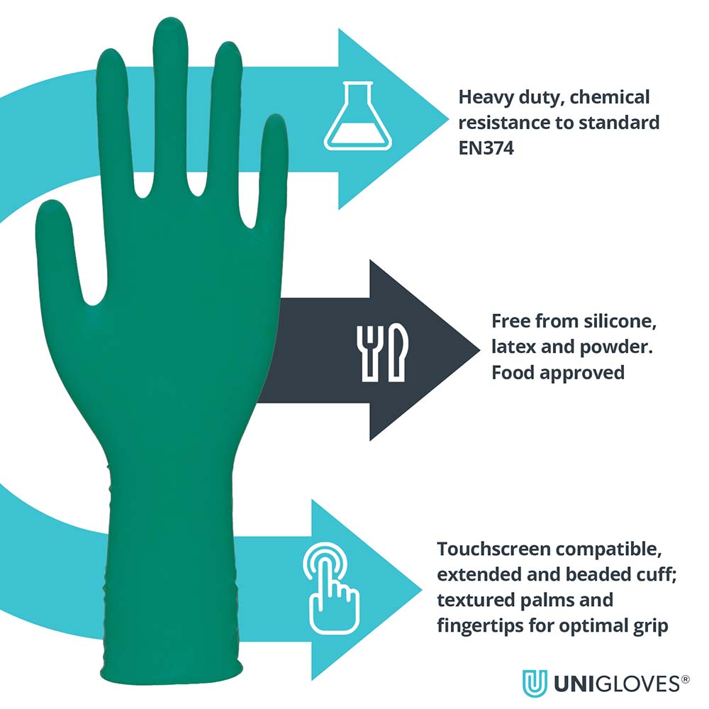 Unigloves Heavy Duty Nitrile Gloves Green Long Cuff Engineering x100