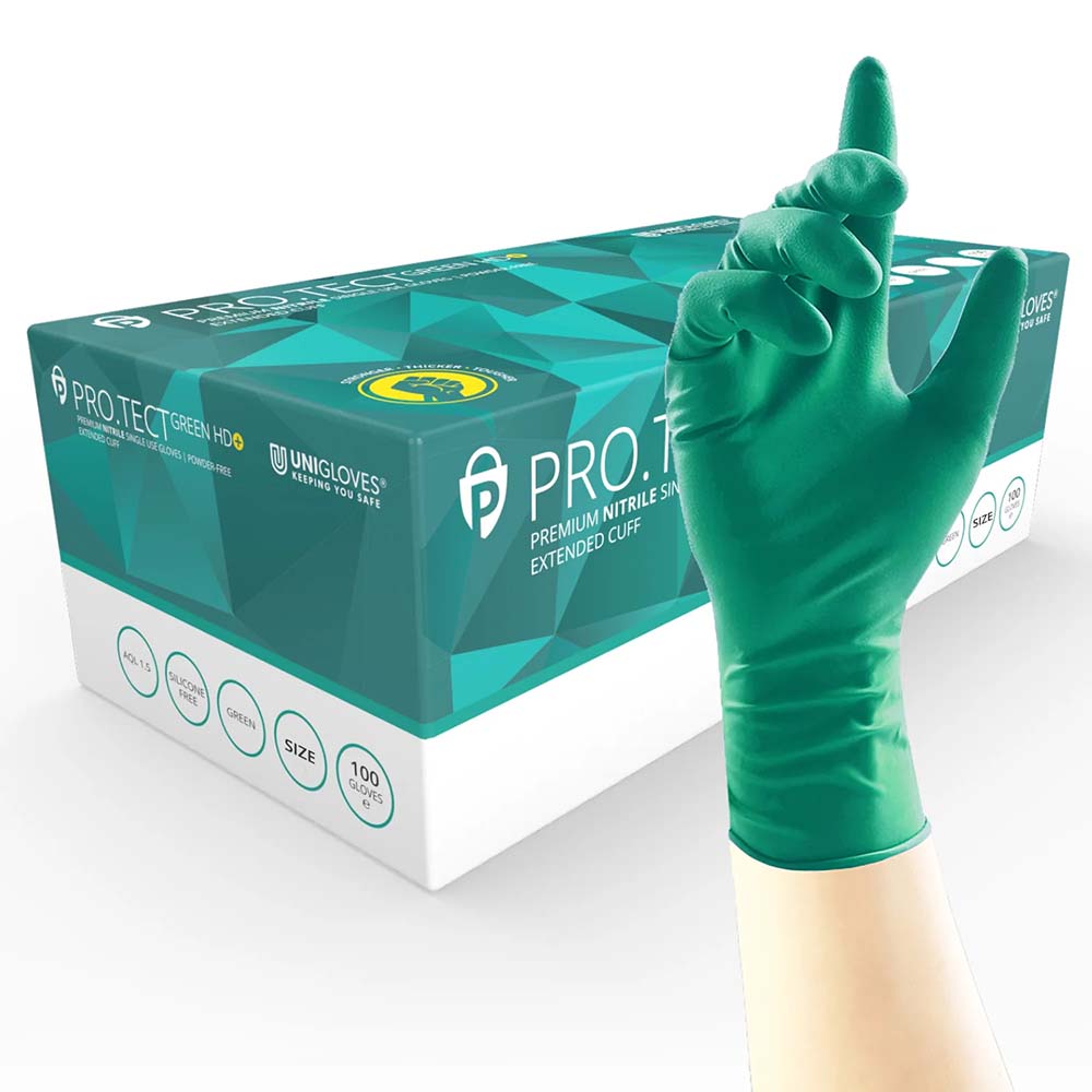 Unigloves Heavy Duty Nitrile Gloves Green Long Cuff Engineering x100