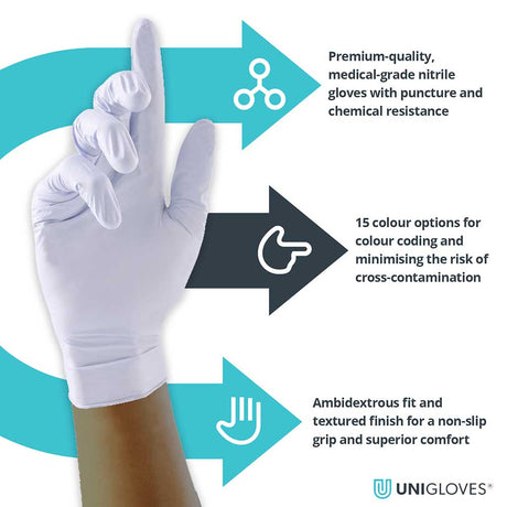 Unigloves White Pearl Nitrile Examination Gloves Medical Grade Latex Free x 100