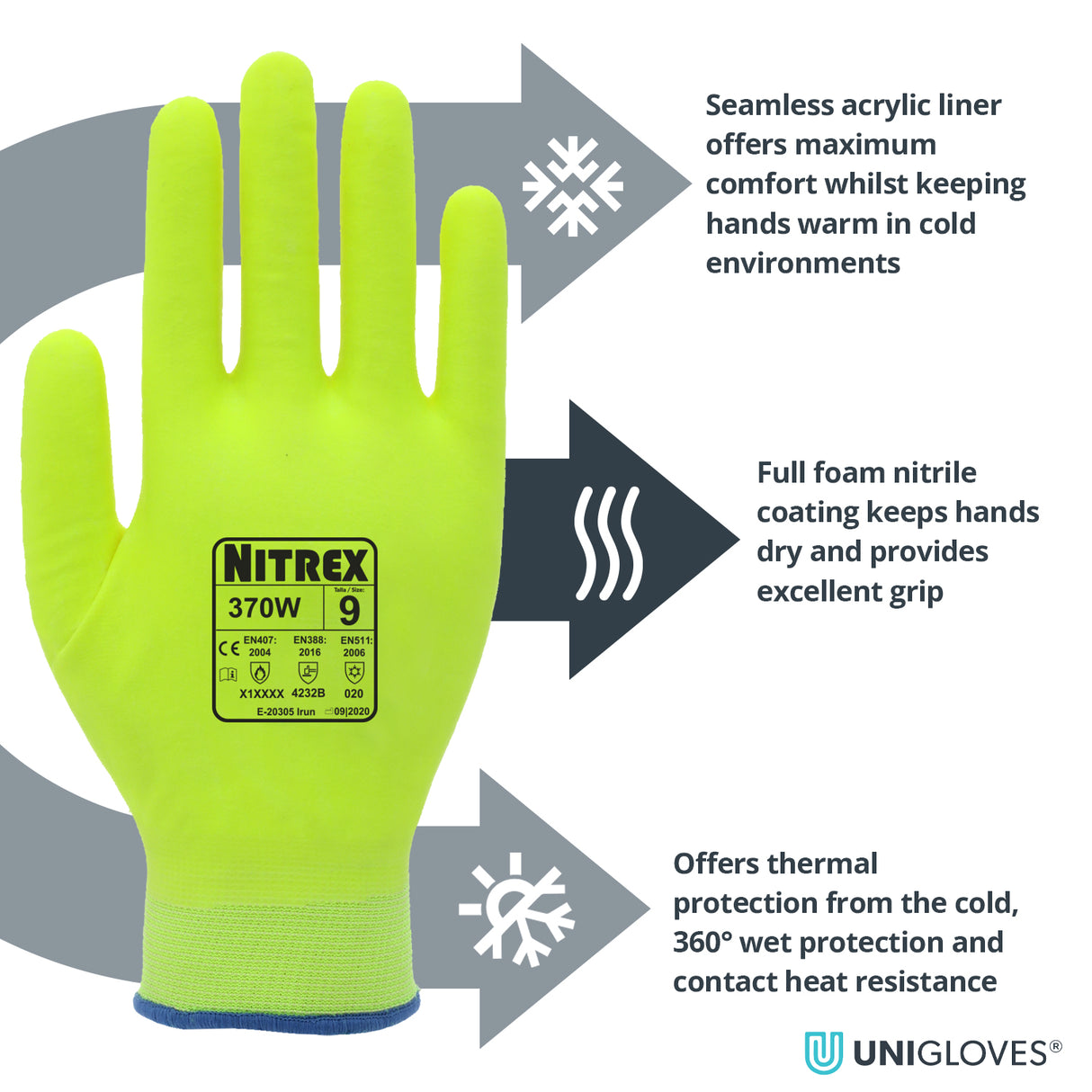 Nitrex 370W Thermal Waterproof Gloves Hi Viz Yellow Foam Nitrile