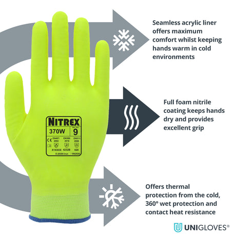 Nitrex 370W Thermal Waterproof Gloves Hi Viz Yellow Foam Nitrile