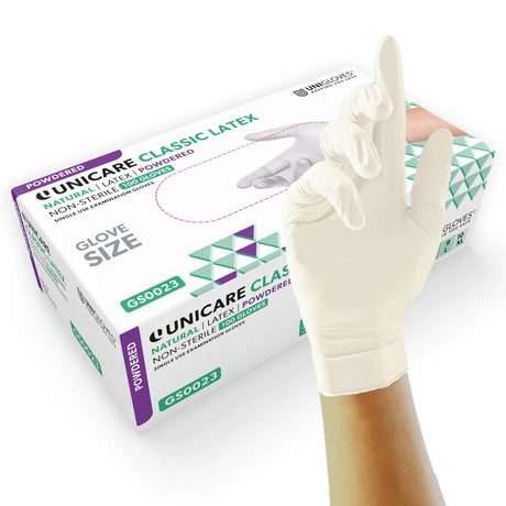 Unigloves Unicare Natural Latex Powdered Gloves Medium Weight Disposable