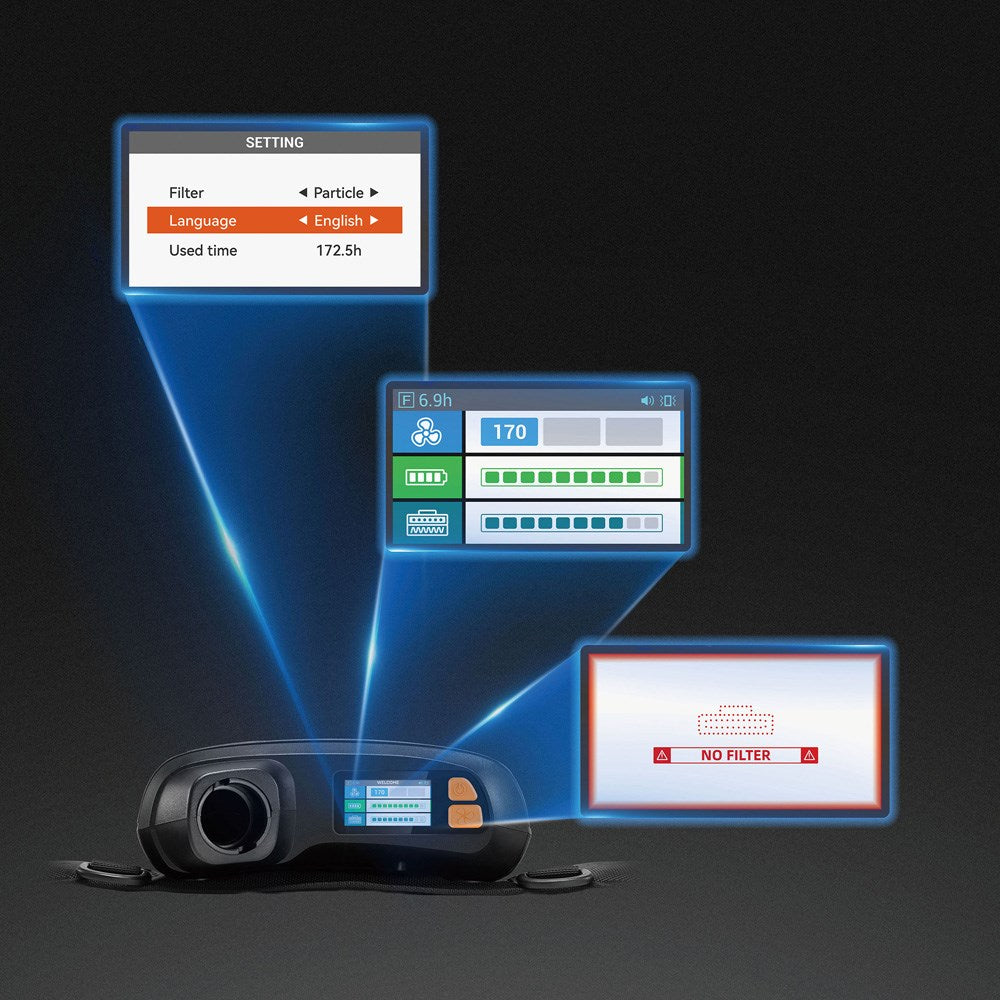 Digital display with various settings and indicators on a dark background
