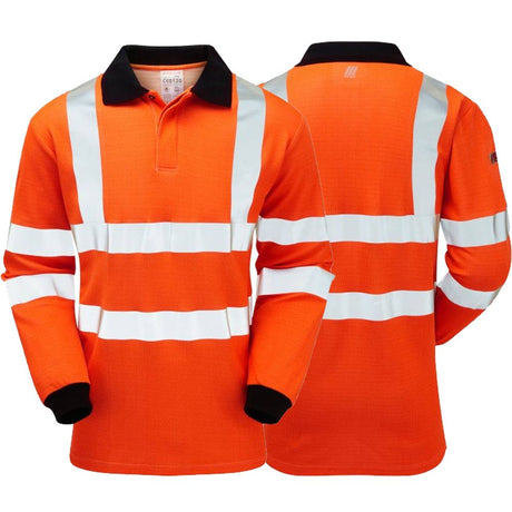 Orange high-visibility shirt with reflective stripes on a white background