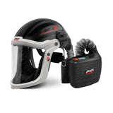 Black and gray helmet with face shield and attached black air supply device on a white background
