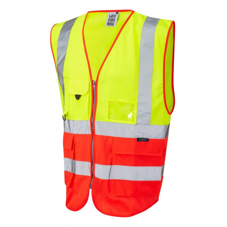 Leo Workwear LYNTON EcoViz Superior Waistcoat Class 2 Hi Vis Yellow Red