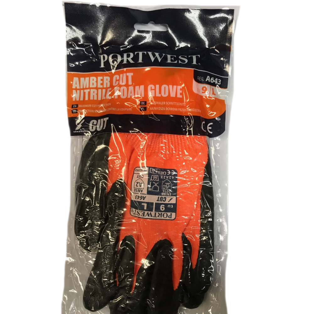 Portwest A643 Cut B Resistant Gloves Nitrile Amber Work Gloves