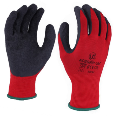 UCi AceGrip-Lite Work Gloves Black Crinkle Latex Red Polyester Liner