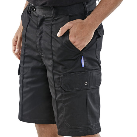 Black Cargo Work Shorts Sewn in Crease with Six Pockets Black)