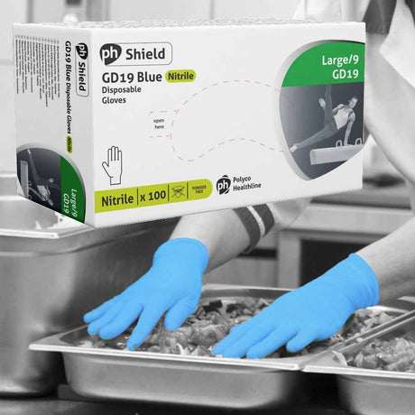 Polyco Shield GD19 Blue Nitrile Disposable Gloves Powder Free Medical Food Safe