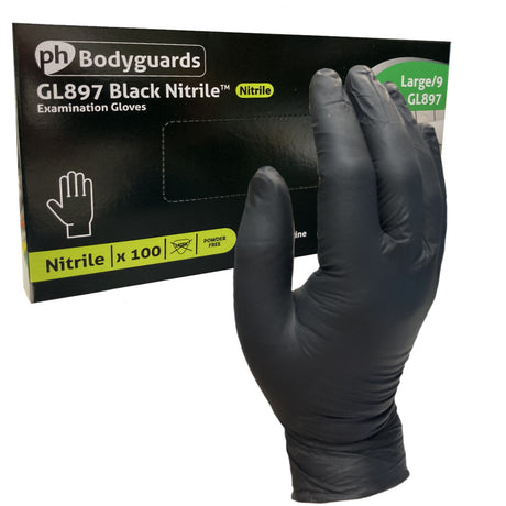 Polyco Bodyguards Black Nitrile Gloves Powder Free Medical & Food Safe