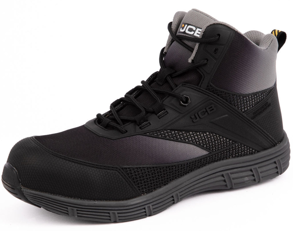Black high-top sneaker with gray lining on a white background