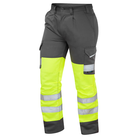 Leo Workwear Bideford Hi Vis Cargo Trousers Yellow Grey