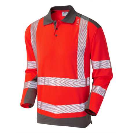 Leo Red Grey Long Sleeve Hi Vis Polo Shirt ISO 20471 Class 2