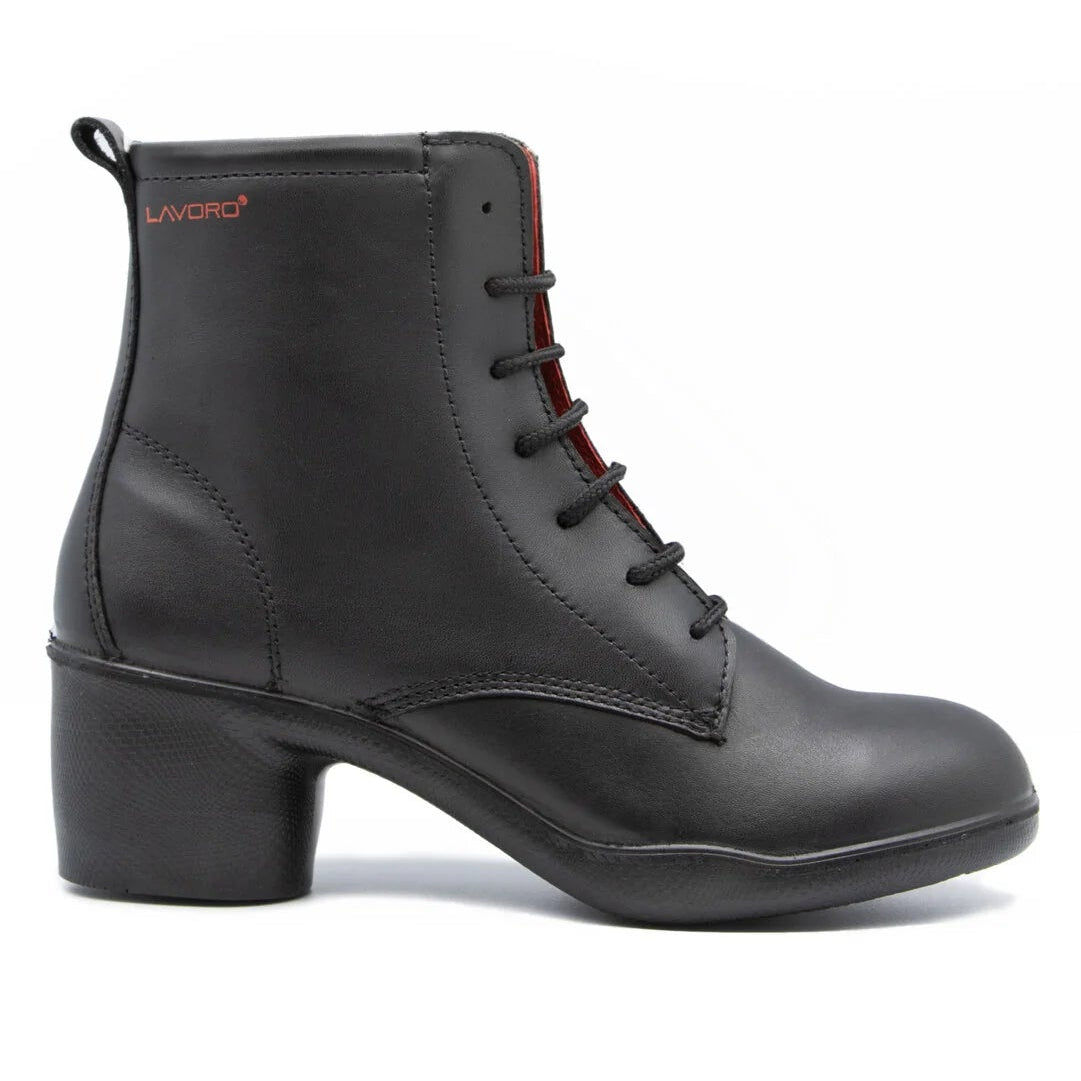 Black leather boot with lace-up design on a white background
